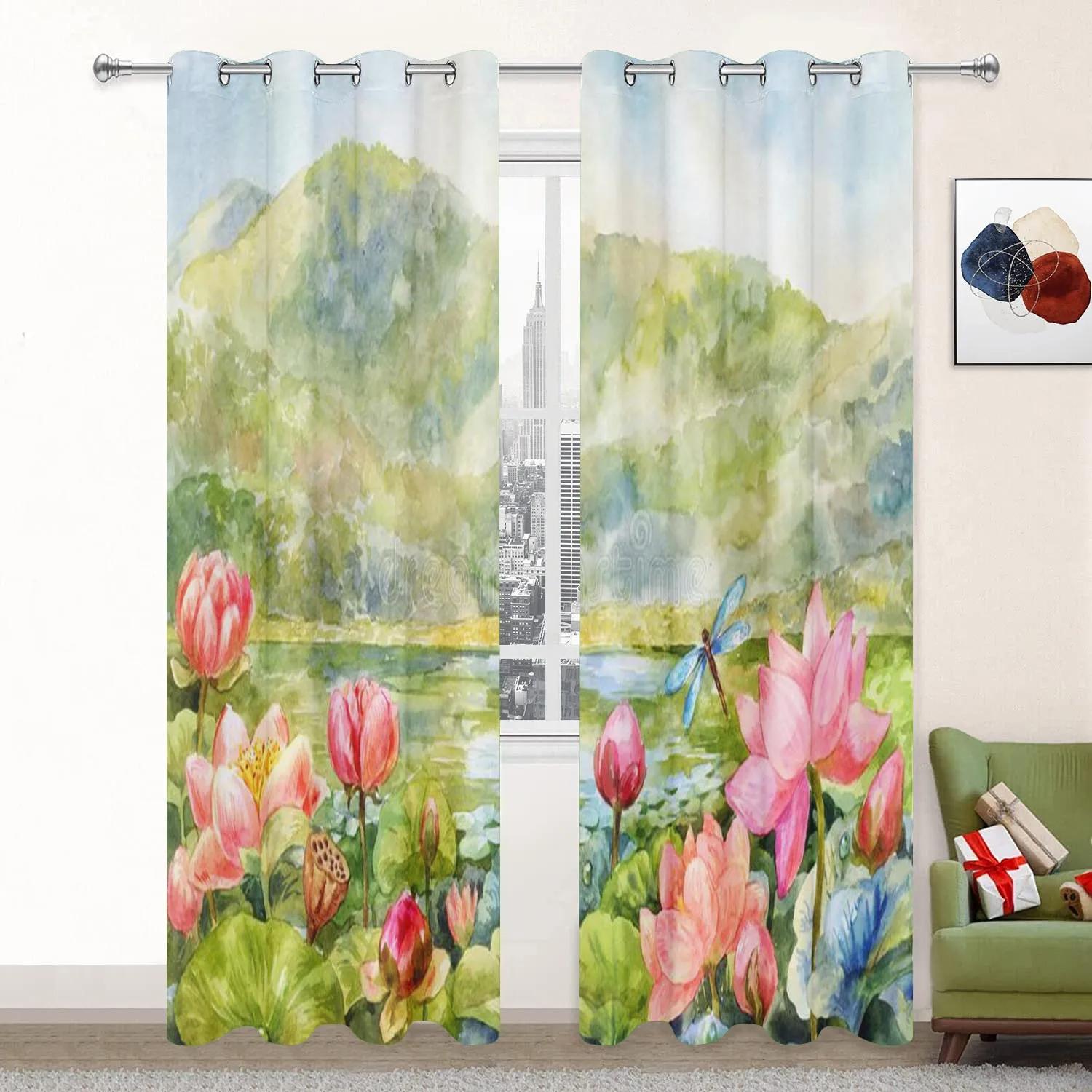 

Lotus High Shading Curtains For Living Room Landscpe Blackout Window Drape For The Bedroom Aesthetic Room Scenery Curtain New W55 X H120cm X 2&Grommet Top