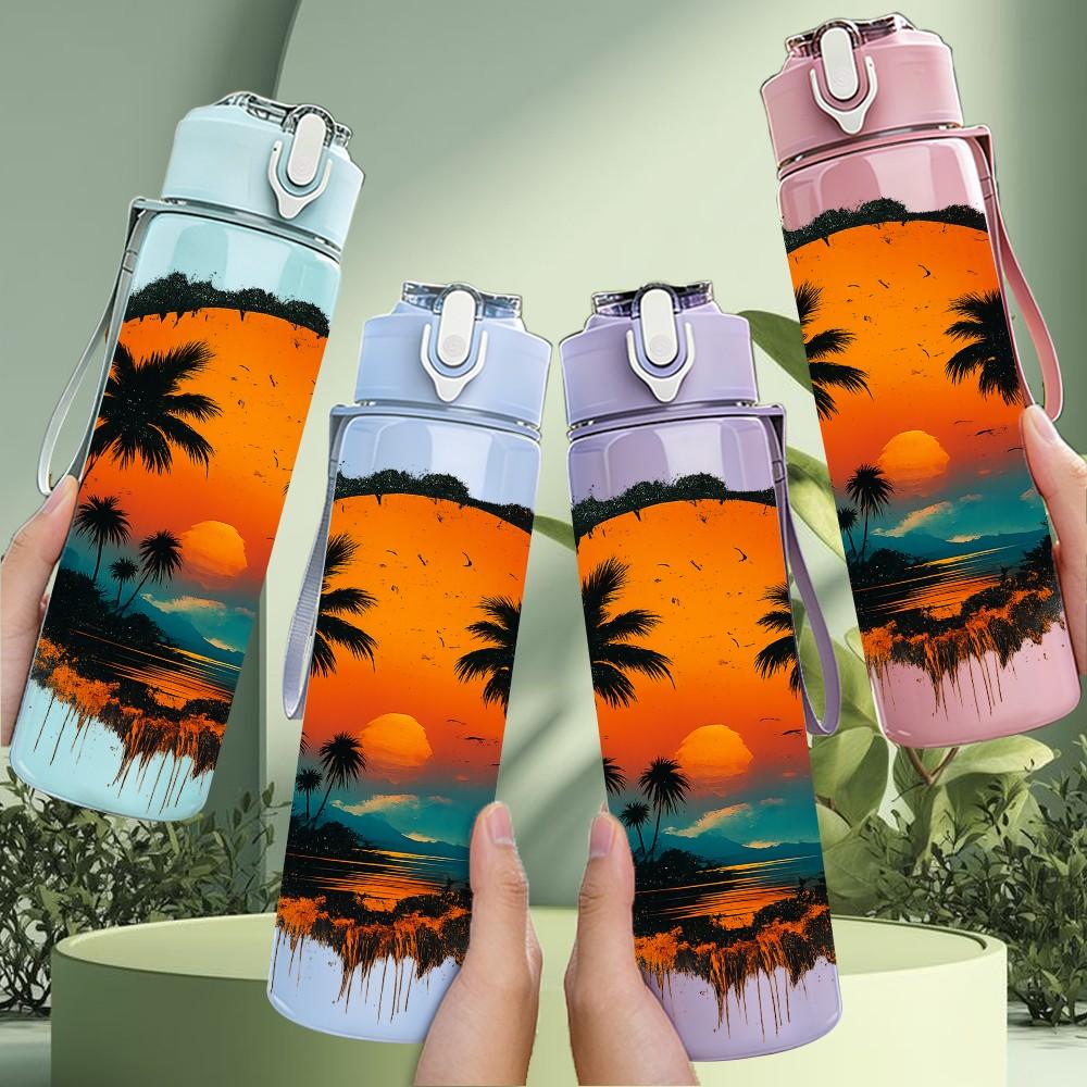 1PC Sunset Palm Tree Island Badge Print 750ml Color Plastic Sports Water Bottle Leakproof Flip Straw Lid Suitable for Sports Office Home Use
