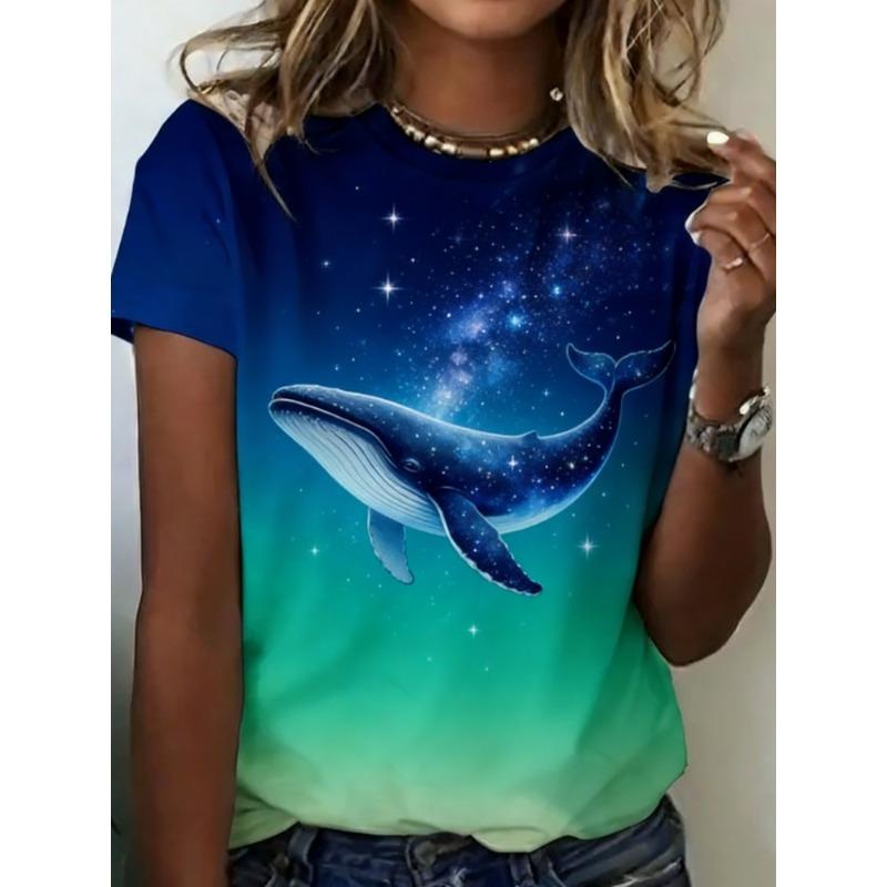 Fashionable Colorful Ocean Theme Print T-shirt Comfortable Loose Creative Women's Short Sleeved T-shirt