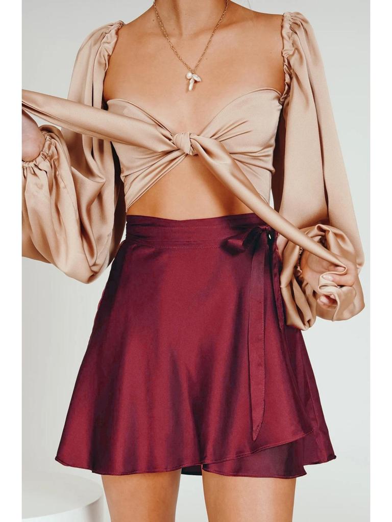 Einfarbiger Rock mit hoher Taille, modischer, einteiliger Schnür-Kurzrock, Chiffon-Satin-umwickelter Minirock