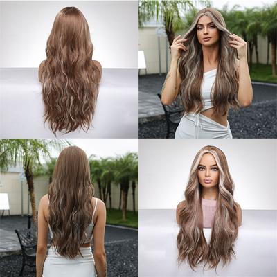 Female Hair Mixed Brown Curly Wig Dyed Fluffy Big Wave Mid-Length Long Hair Color Full-Head Wig Hanging Ear
