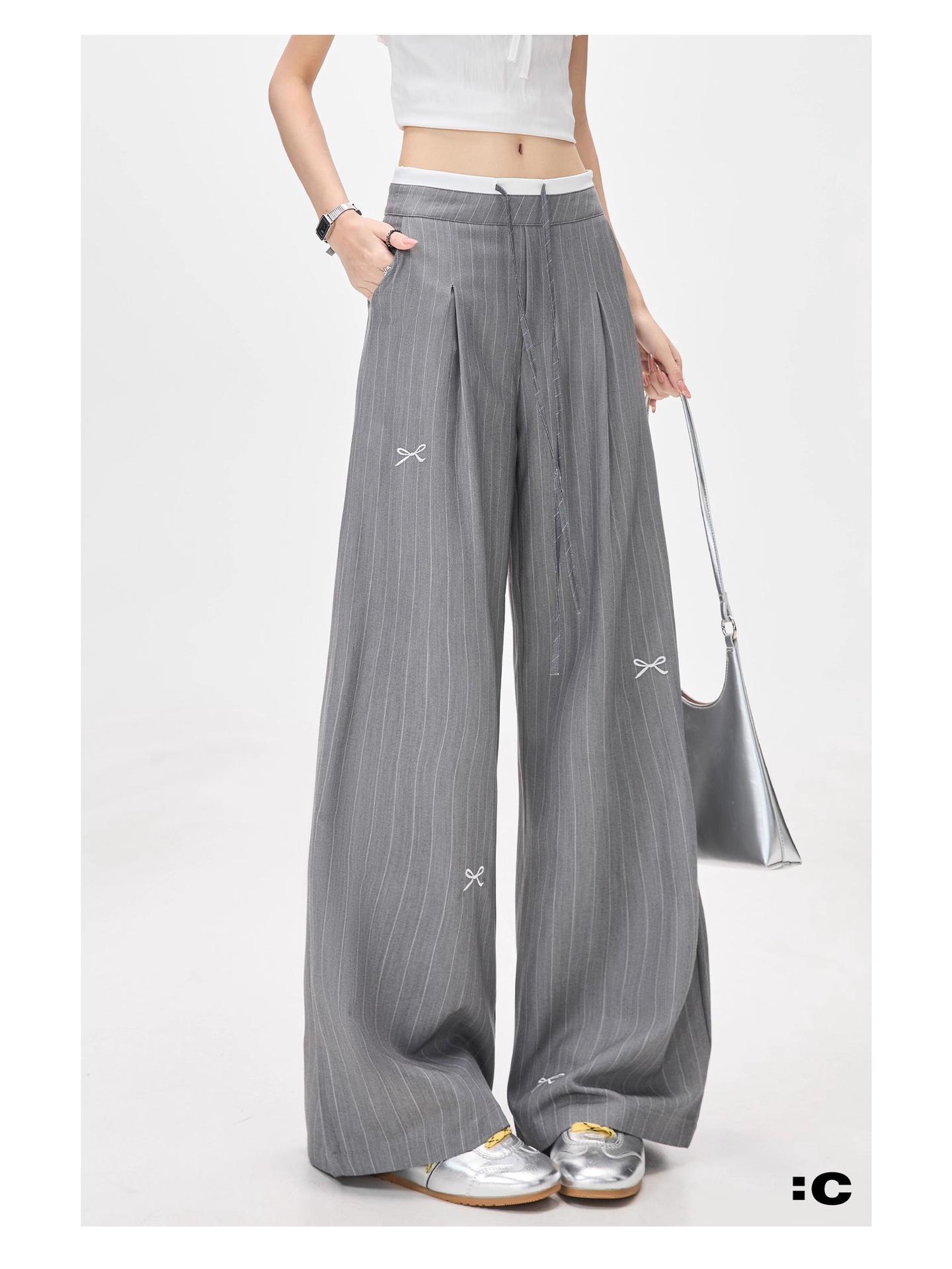 

2026 Women s American-Style High-Waist Grey Striped Bow Print Wide-Leg Pants M сірий колір