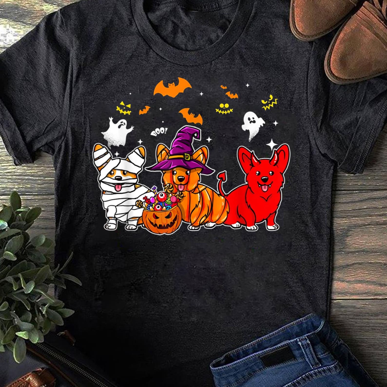 Funny Halloween Corgi T-Shirt: Mummy, Witch & Devil Dogs S