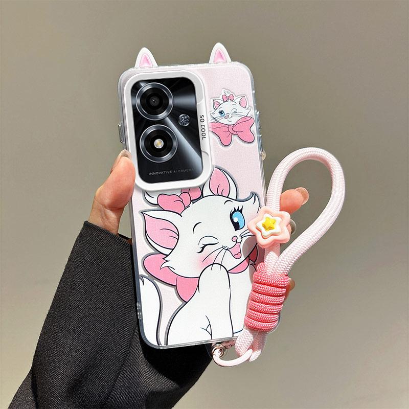 KEYSION Cute Ear Cartoon Case for OPPO A79 5G with Lanyard Soft Silicone+PC Shockproof Phone Back Cover for OPPO A79 5G