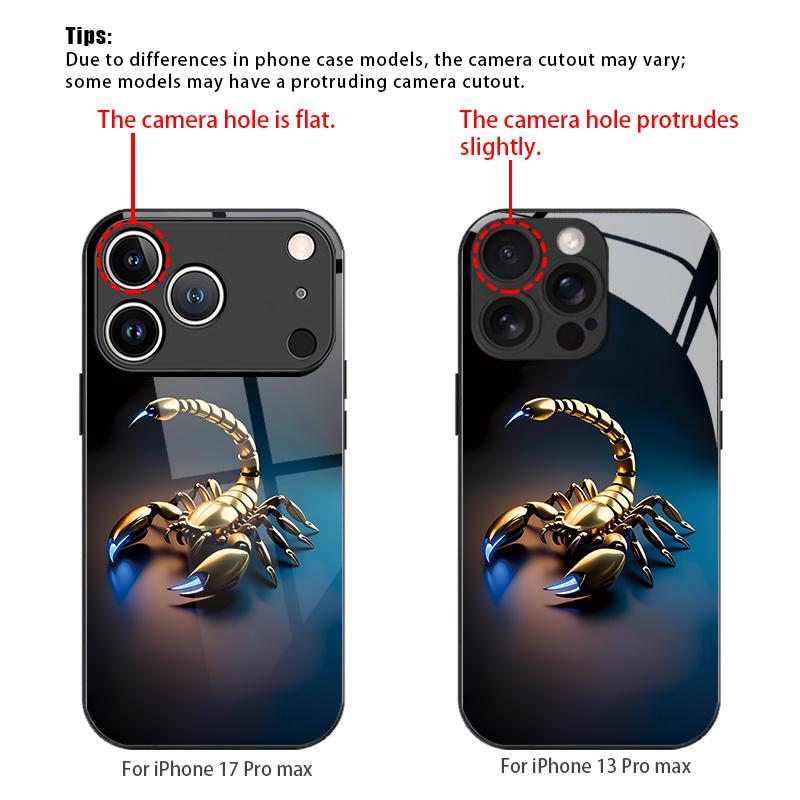 Golden scorpion pattern tempered glass phone case suitable for iPhone 17 16 15 14 13 12 11 Pro/Max/Plus anti drop and shockproof