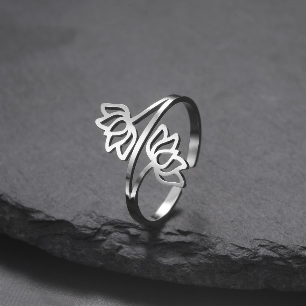 Fashionable hollow double lotus opening ring stainless steel irregular minimalism Bohemian lotus eternal ring yoga couple gift