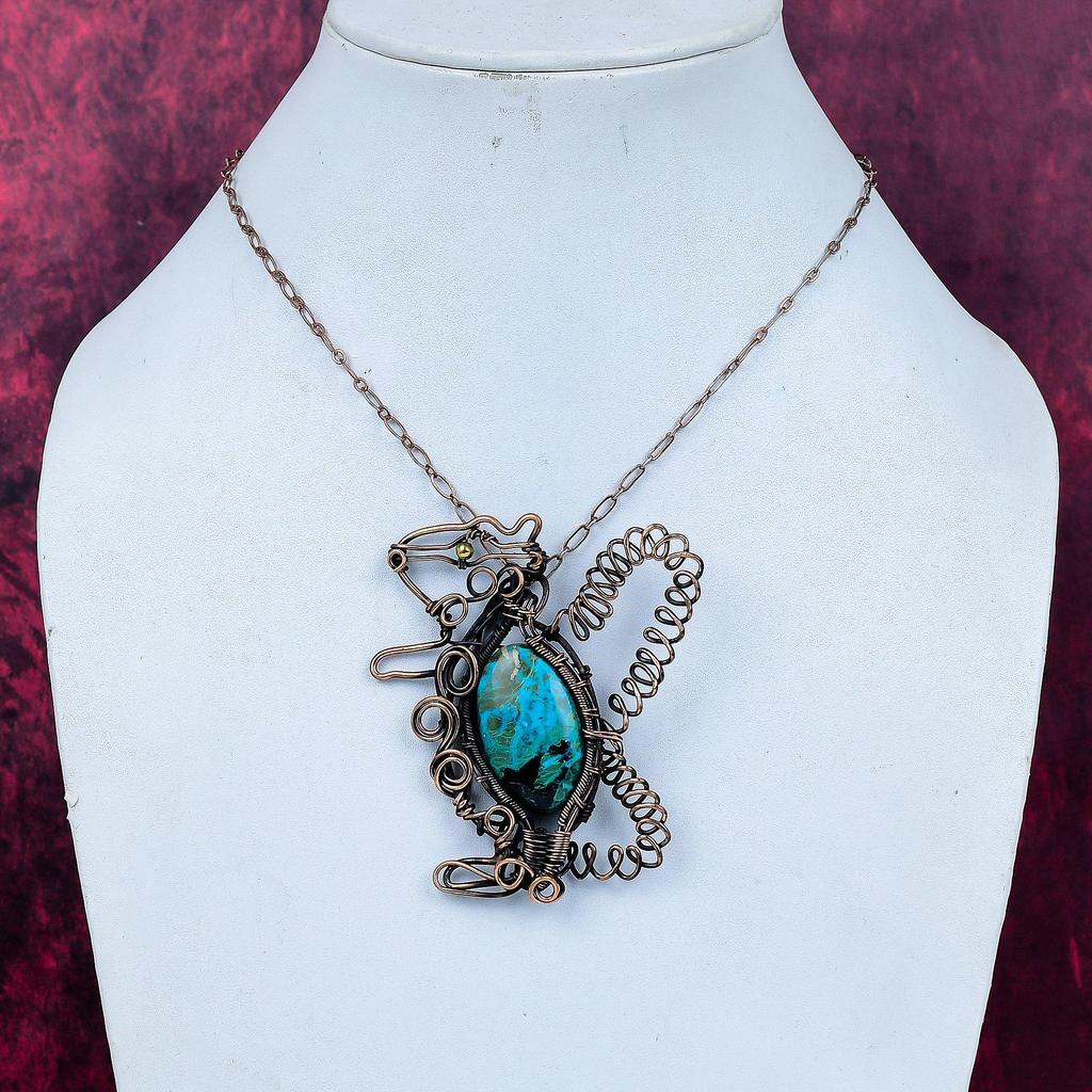 Chrysocolla Gemstone Pendant Copper Wire Wrapped Handmade Jewelry Rabbit Pendant
