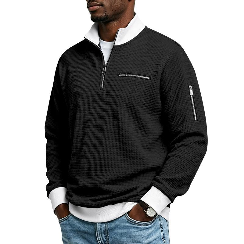 Men's Waffle Textured Half Zip Sweatshirt Stand Collar Long Sleeve Casual Pullover