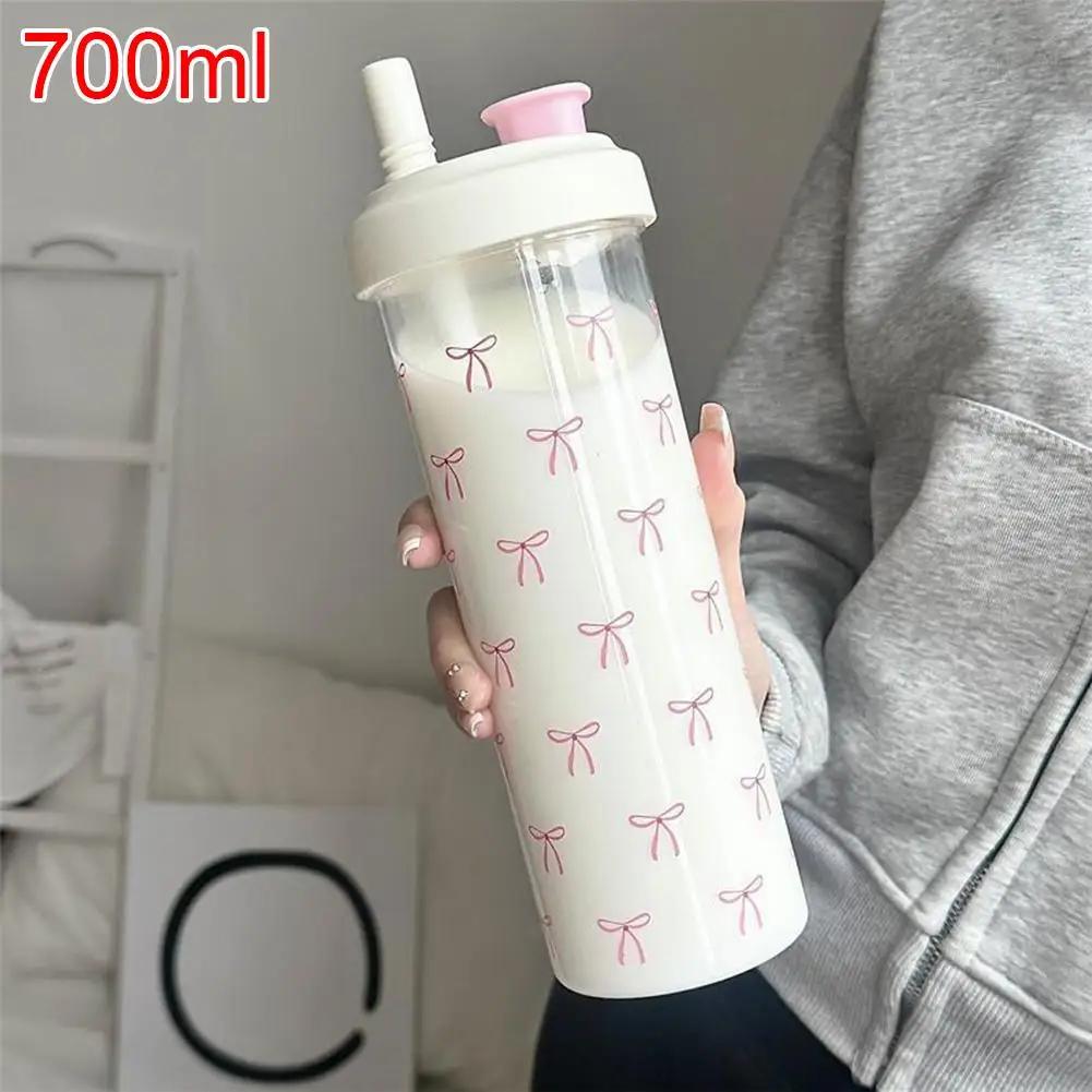 Cute Pink Bow Straw Water Bottle Fashionable Travel Safe Odorless Large-capacity Portable Water Bottle For Travel Z5W3