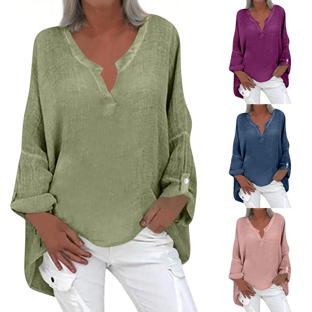 Women's Fashion Long Sleeve Cotton Linen Colour Casual V-Neck Blouse Top