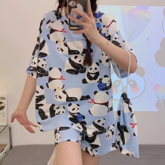 

GMXIA Cute Panda Pajamas for Women In Summer, Short Sleeves and Shorts, Large-sized and Thin Summer Casual Home Wear Set M