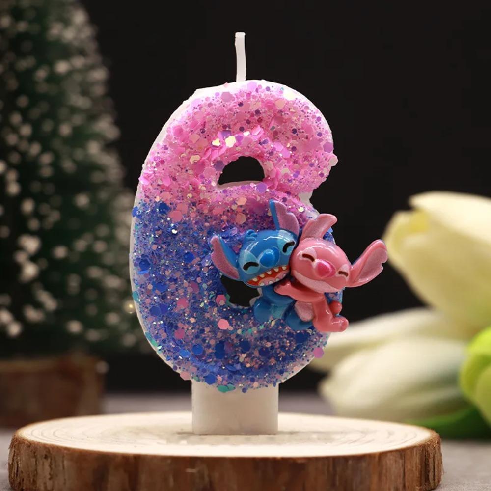 Stitch Angel Number Candle Glitter Pink Blue Cartoon Character Birthday Cake Topper Candle Kids Party Decor Gift