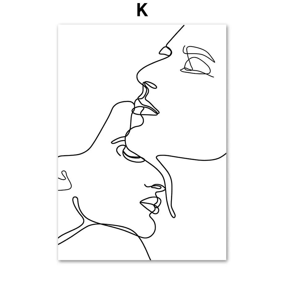 Minimalistische Linien-Paar-Kuss-Wandkunst, Nordische Poster und Drucke, Leinwandbild, Bilder für Wohnzimmer-Dekoration, Schwarz und Weiß