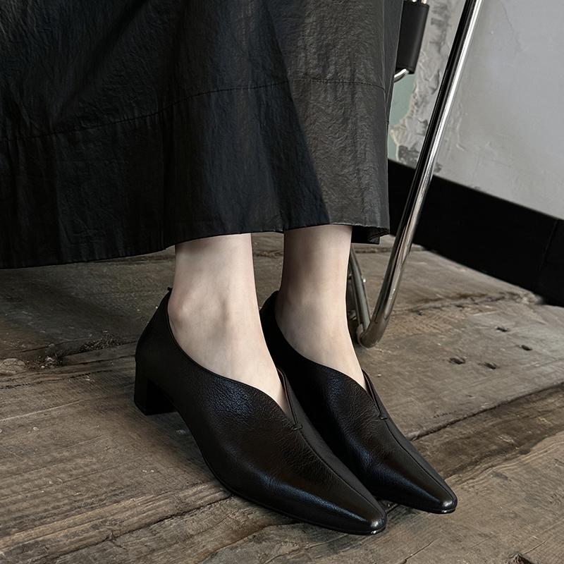 Fashion 2025 New Fashion Spring Women Pumps Square Toe Med Heels Genuine Leather Chunky Heel Pumps Retro Slip On Modern Ladies Shoes
