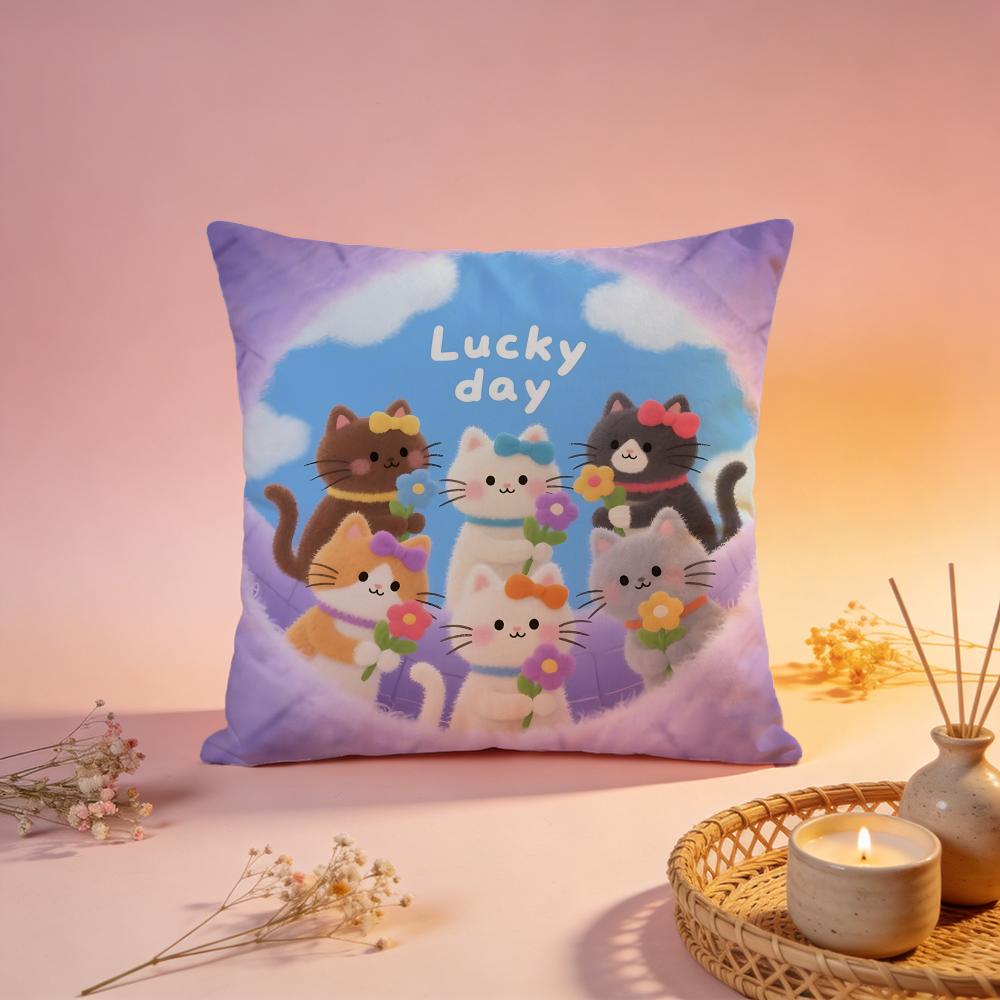 Lucky Cute Cat Group Cushion Cover Comfortable Durable Pillow Cover MultiScene for Home Office Car Sofa