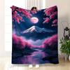 Mount Fuji Cherry Blossom Moon Fleece Blanket Japanese Landscape Art Soft Cozy Throw Home Decor for Living Room or Bedroom Gift