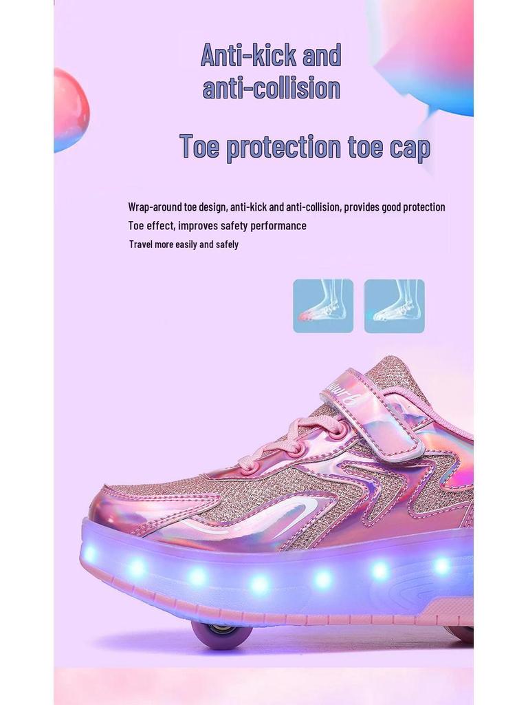 Children's Purple and White Convertible Four-Wheel Roller Shoes with Double-Wheel Hidden Skates