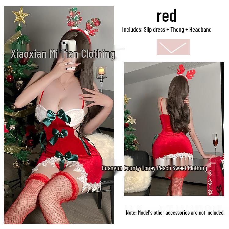 Strappy Bowknot Reindeer Bunny Lingerie Nightgown for Christmas Role Play