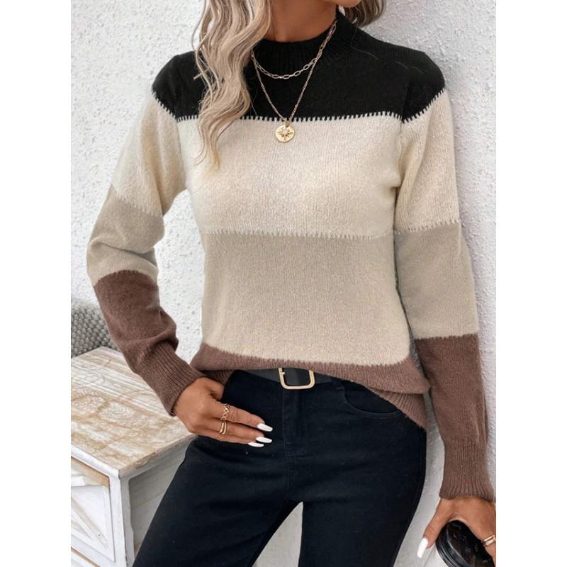 Womens Colorblock Knit Sweater Loose Fit Round Neck Long Sleeve Casual Pullover Winter