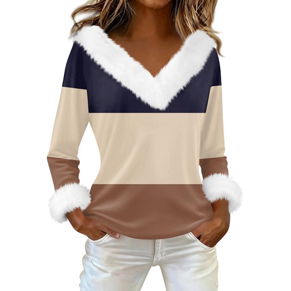 Damen T-Shirt Tee Print Shirt Langarm Party Fleece Kragen V-Ausschnitt Top