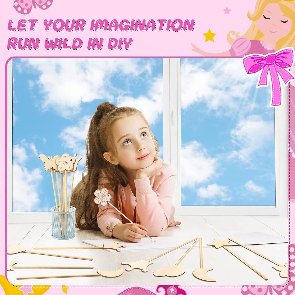 42 Pcs Princess Fairy Wands Kit, Include 36 Pcs Wooden Unfinished Wand DIY Princess Wand with 6 Sheet Colorful Diamond Sticker for Girls Make Your