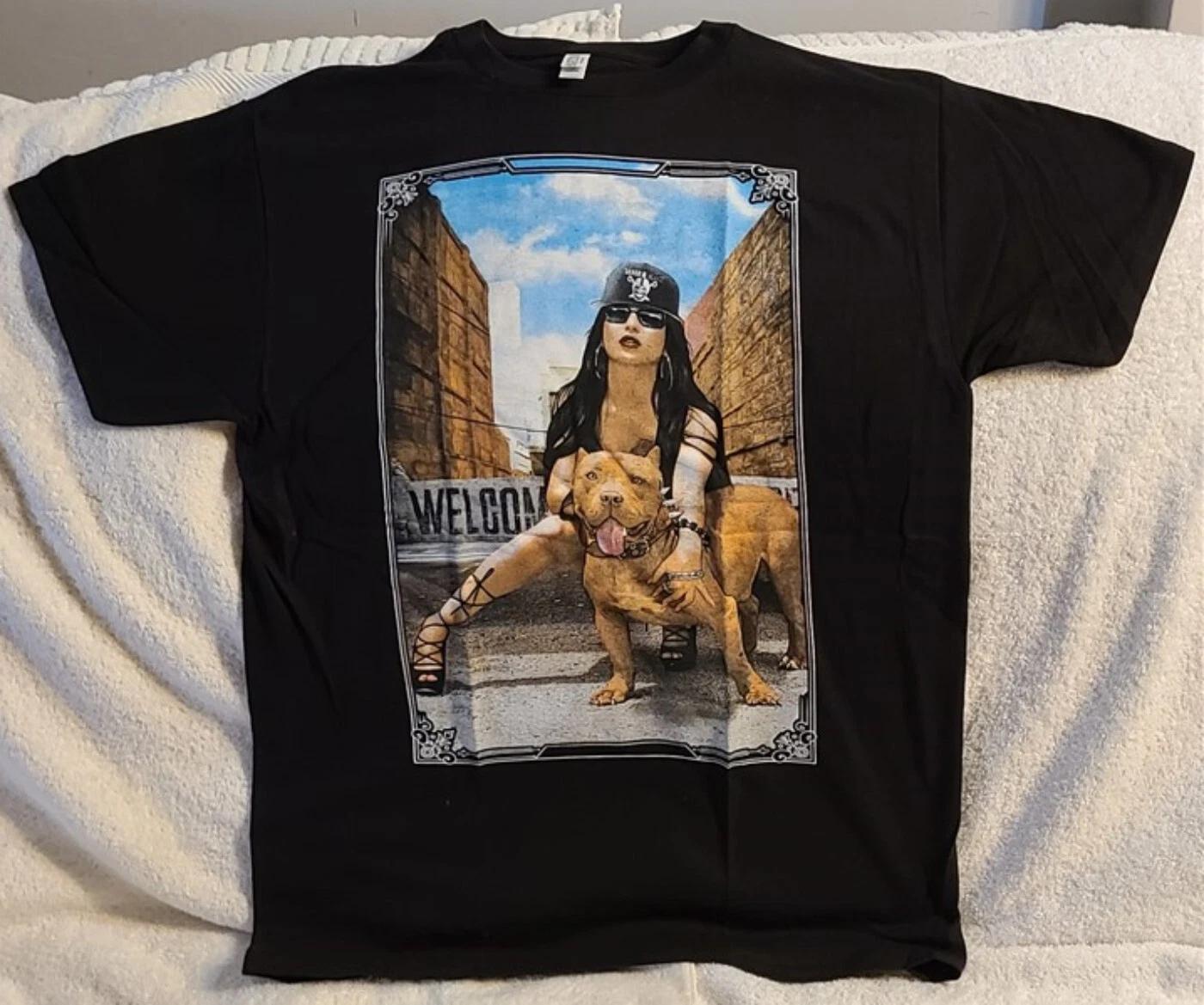 

SEXY WOMAN PITBULL SPIKED COLLAR CITY SILVER AND BLACK SKULL T-shirt XL