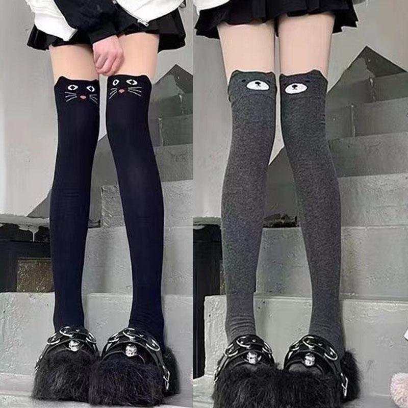 Harajuku Autumn Winter Lolita Kawaii Bear Socks for Woman Cartoon Cat Black Grey Thigh High Stockings Student Long Sock Hosiery