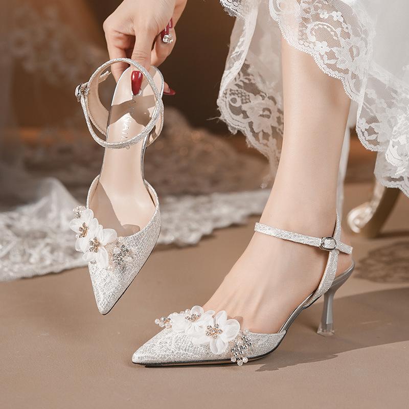 Fashion New Pointed Toe Stiletto Heels Silver Bridesmaid Wedding Shoes Backless Slingback Sandals Flower Embellished Party Dress Pumps