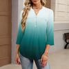 Modisches lässiges Damen-T-Shirt-Top mit Farbblock-Gradienten-Print, V-Ausschnitt, Knopfleiste und Dreiviertelärmeln