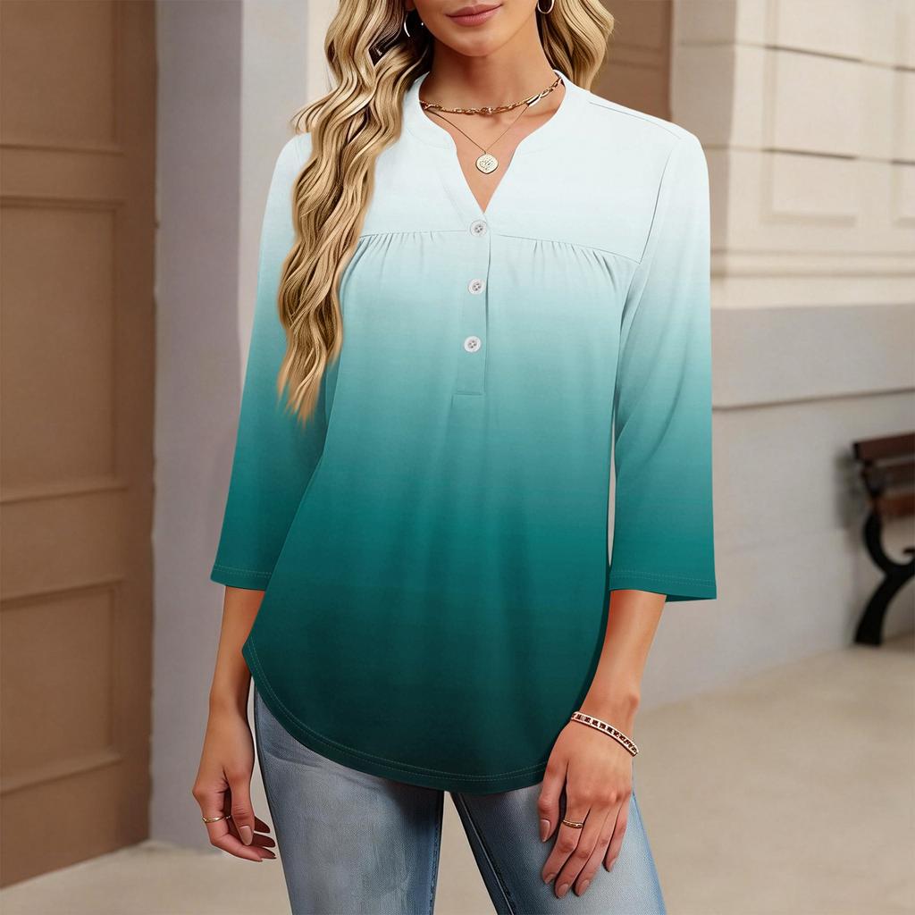 Modisches lässiges Damen-T-Shirt-Top mit Farbblock-Gradienten-Print, V-Ausschnitt, Knopfleiste und Dreiviertelärmeln