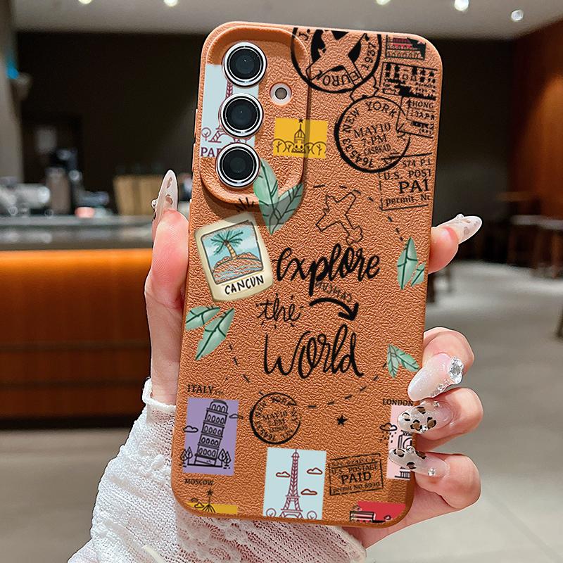 

Stamp Signboard Print Shockproof Slim Case For Samsung S25 Ultra S24 FE S23 S22 A56 A36 A16 A55 Anti-Fall Soft TPU Leather Texture Matte Phone Cover Samsung A55 коричневий