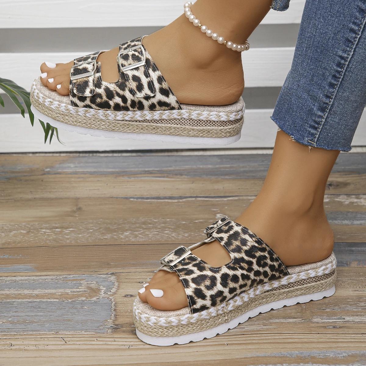 

Літні леопардові сандалі на товстій підошві, легкі повсякденні щоденні пляжні тапочки великого розміру з круглим носком, порожнисті, сексуальні, зручні 42