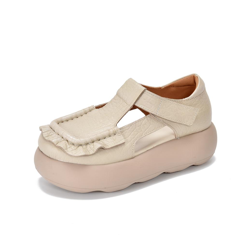 Johnature Retro Genuine Leather Roman Sandals Comfortable And Versatile Round Toe Thick Soled Women's Shoes