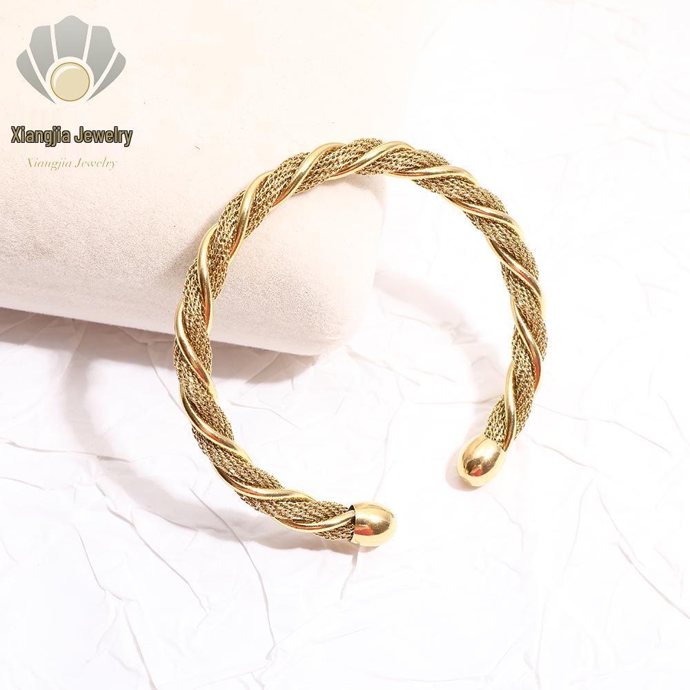 Luxurious European & American Titanium Steel Open Woven Bracelet with Gold Plating