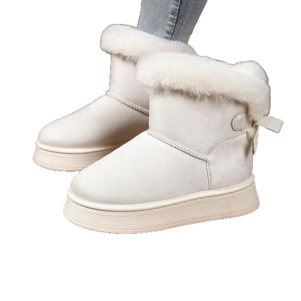 Fleece Thickened Snow Boots Winter New Thick-soled Fluffy Mouth Bow Warm Large-size Cotton Shoes