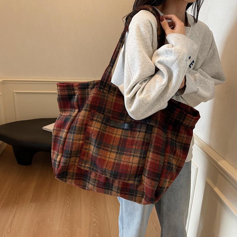 Woolen Plaid Big Bag Women's Portable Tote Bag Commuter Shoulder Bag