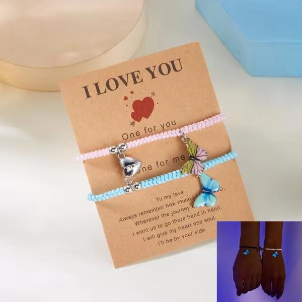 2 PCS/Set Butterfly Couples Pendant Luminous Bracelet For Women Lover Black Rope Charm Friendship Girlfriend Party Jewelry Gift