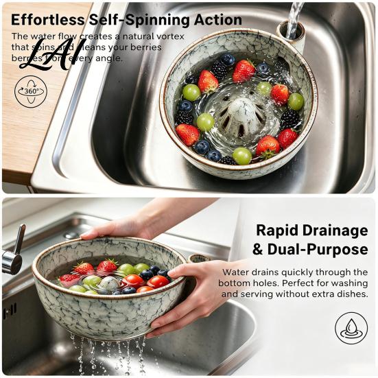 Practical Kitchen Prep Gadget Ceramic Berry Swirl Bowl Auto Fruit Washing Vegetable Drainage Bowl for Strawberries Colander with Drain Holes Produce