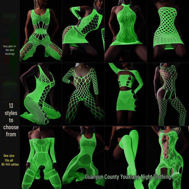 Linlinting Plus Size Glow-in-the-Dark Fishnet Bodystocking with Luminous Bandeau and Socks