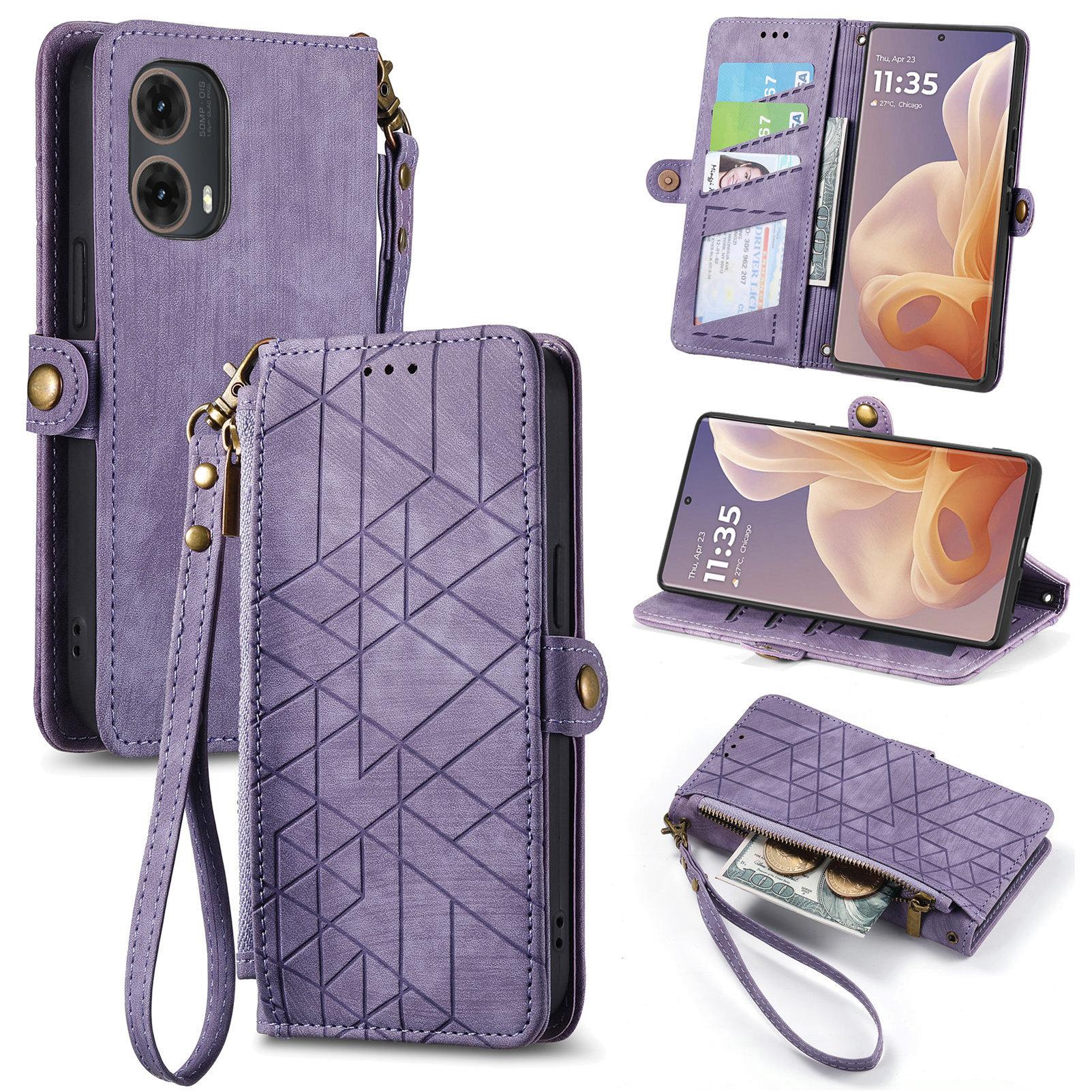 

For Motorola Moto G85 5G/S50 Neo 5G Zipper Wallet Case Geometry Lines Leather Phone Cover with Strap Light Purple
