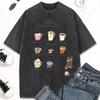 Cat People'S Coffee Illustration Print Women Washed T-Shirt Trendy Crewneck Tee Shirt Clothes Cotton Short Sleeve