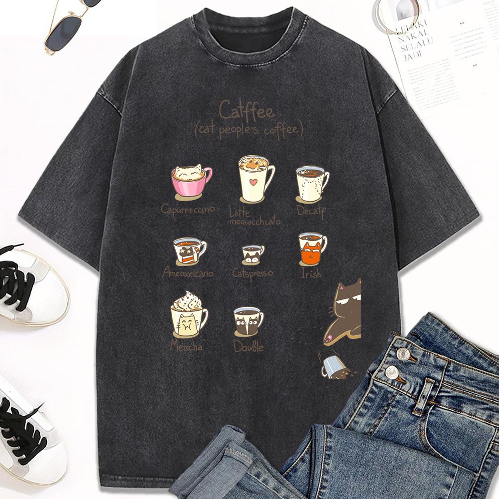 Cat People'S Coffee Illustration Print Women Washed T-Shirt Trendy Crewneck Tee Shirt Clothes Cotton Short Sleeve