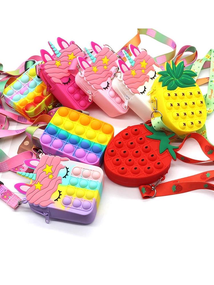 Hot Rianbow Cross Bag Fidget Toys For Children Christmas Gifts Push Its Bubble Stress Relief Sensory Toys Coin Purse Girls
