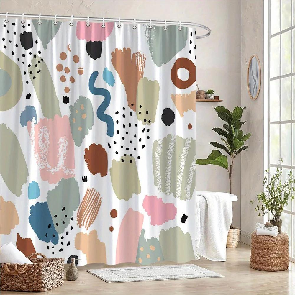 1pc Abstract Art Shower Curtain - Hand-Painted Brushstrokes & Blobs, Pastel Pink/Blue/Brown/Beige, Modern Whimsical Design W90xH180cm