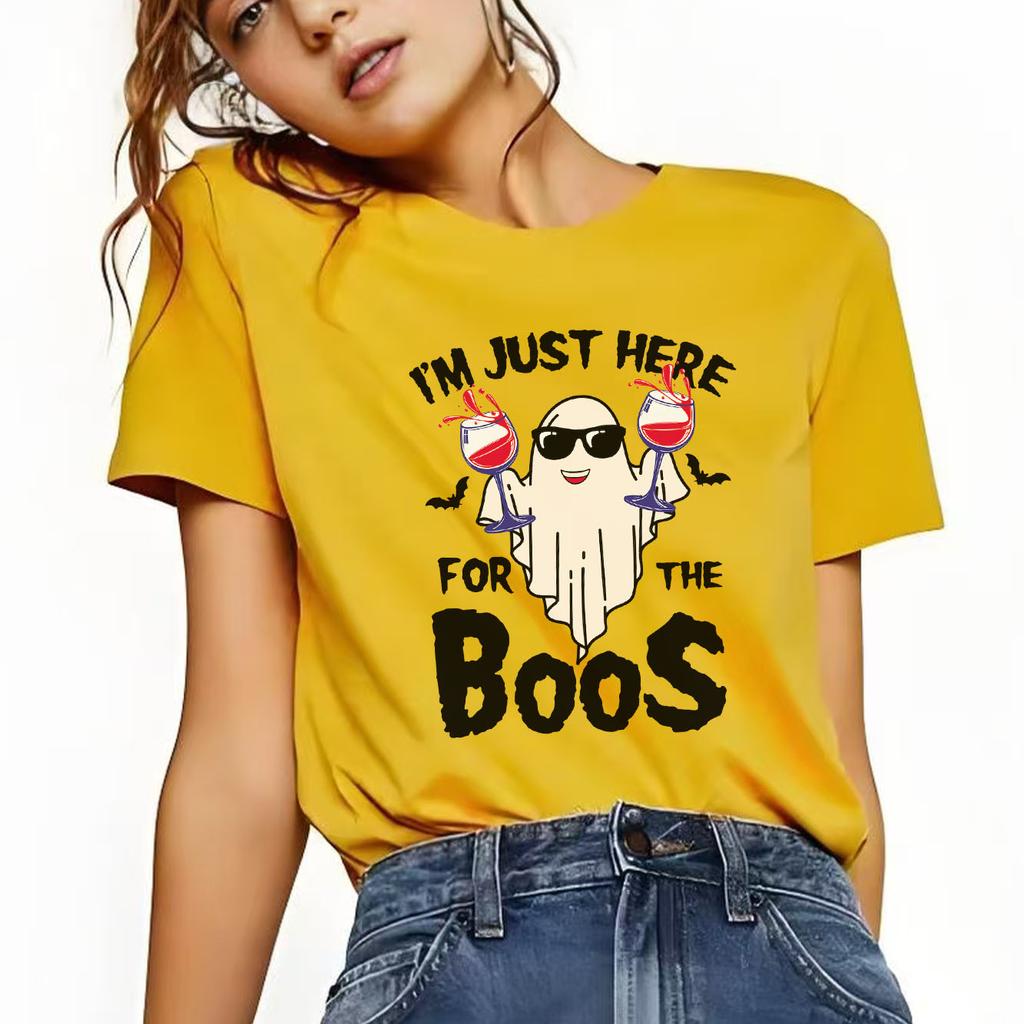 Halloween Red Wine BOO Printed Tshirt Casual Short Sleeve Suitable for Four Seasons Fashion Versatile Womens Tshirt