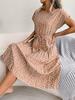 Women Casual Short Sleeve Floral Print High Waist Pleated Midi Dress