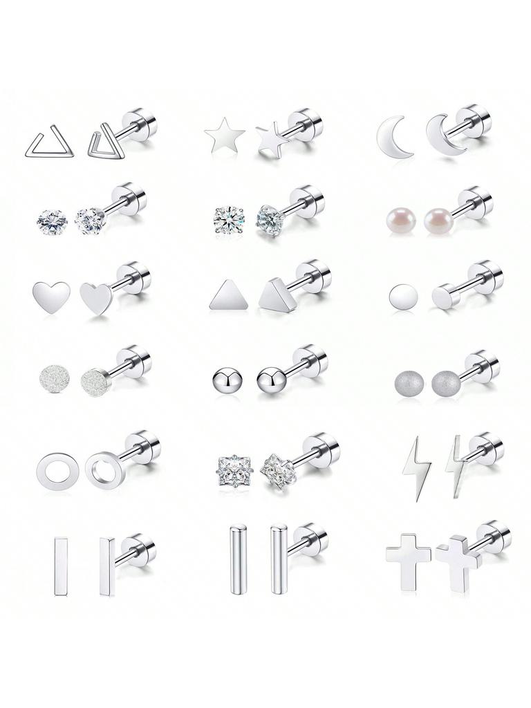 18 Pair Stainless Steel Flatback Stud Earring  Hypoallergenic Screwback Jewellery Flat Back Helix Jewelry for  Women Ladies