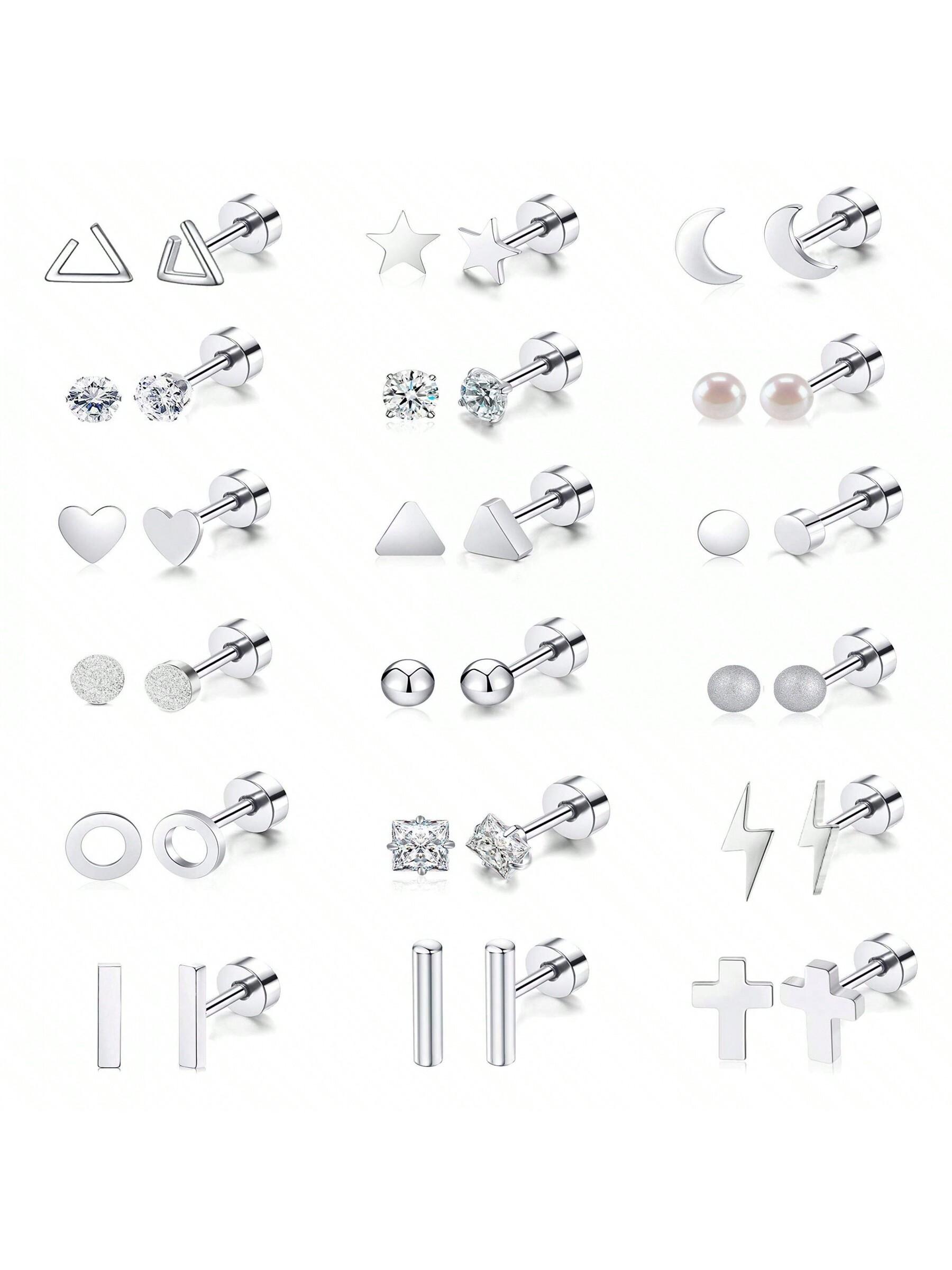 

18 Pair Stainless Steel Flatback Stud Earring Hypoallergenic Screwback Jewellery Flat Back Helix Jewelry for Women Ladies