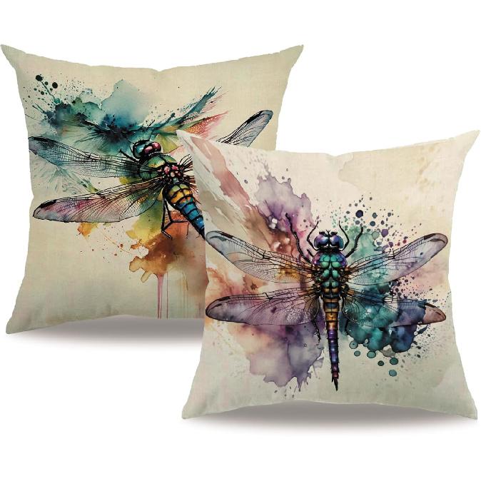 7COLORROOM Dragonfly Pillow Covers 18 X 18 Inch Wildflowers Color Dragonfly Cushion Covers Flower Holiday Rustic Farmhouse Decoration 2Pack for Sofa