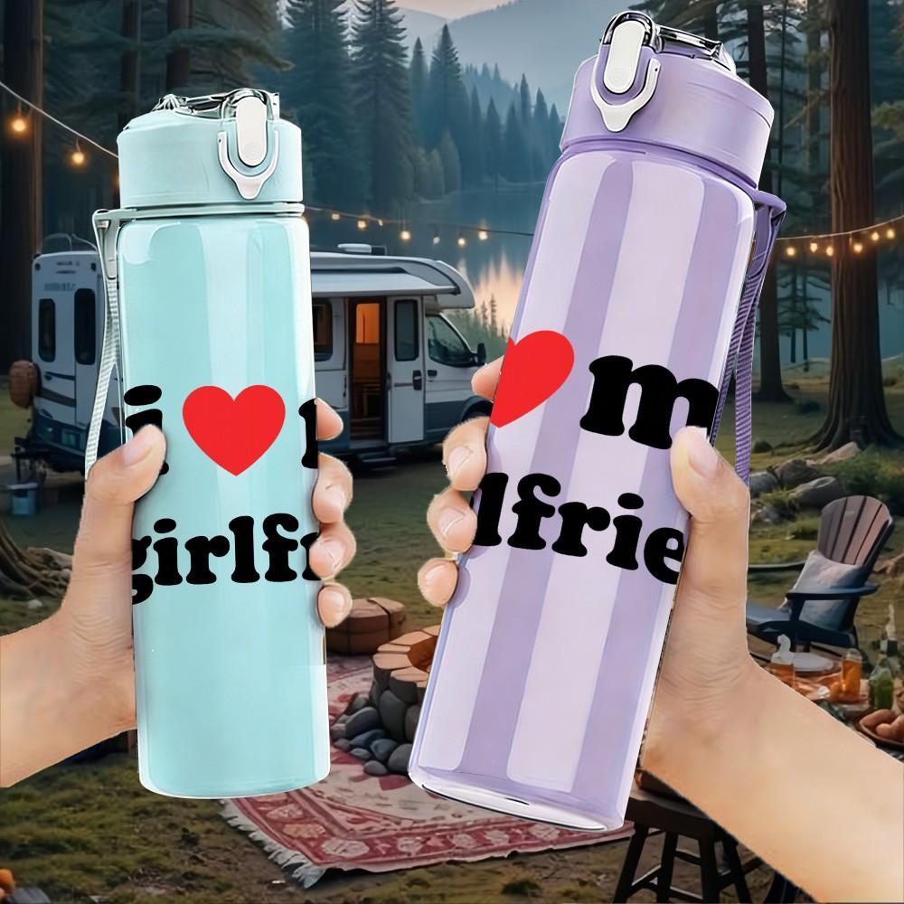1PC I Love My Girlfriend Text 750ml Color Plastic Sports Water Bottle Leakproof Flip Straw Lid Suitable for Sports Office Home Use
